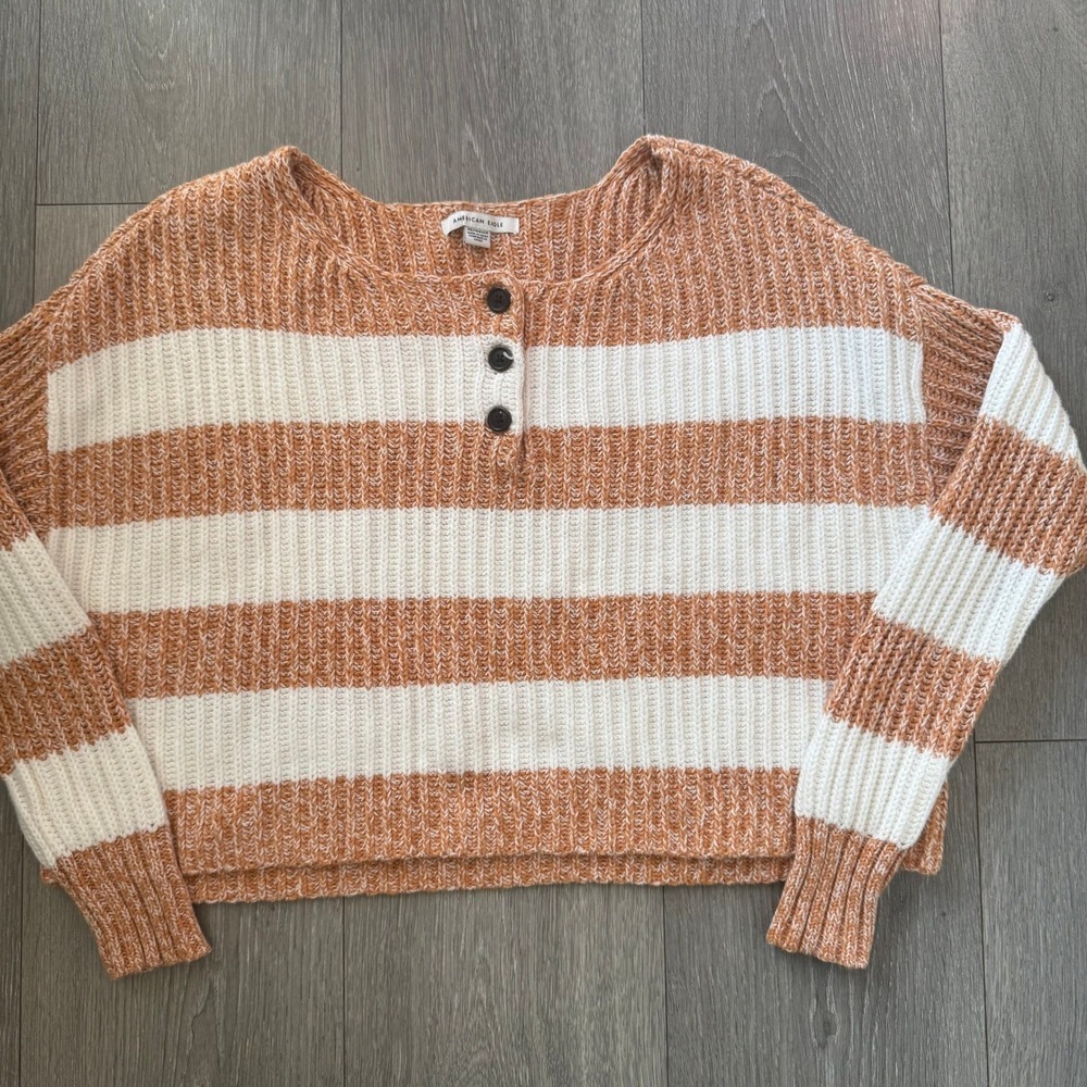 American Eagle Striped Henley Sweater Womens XS Orange White Chunky Knit Crop